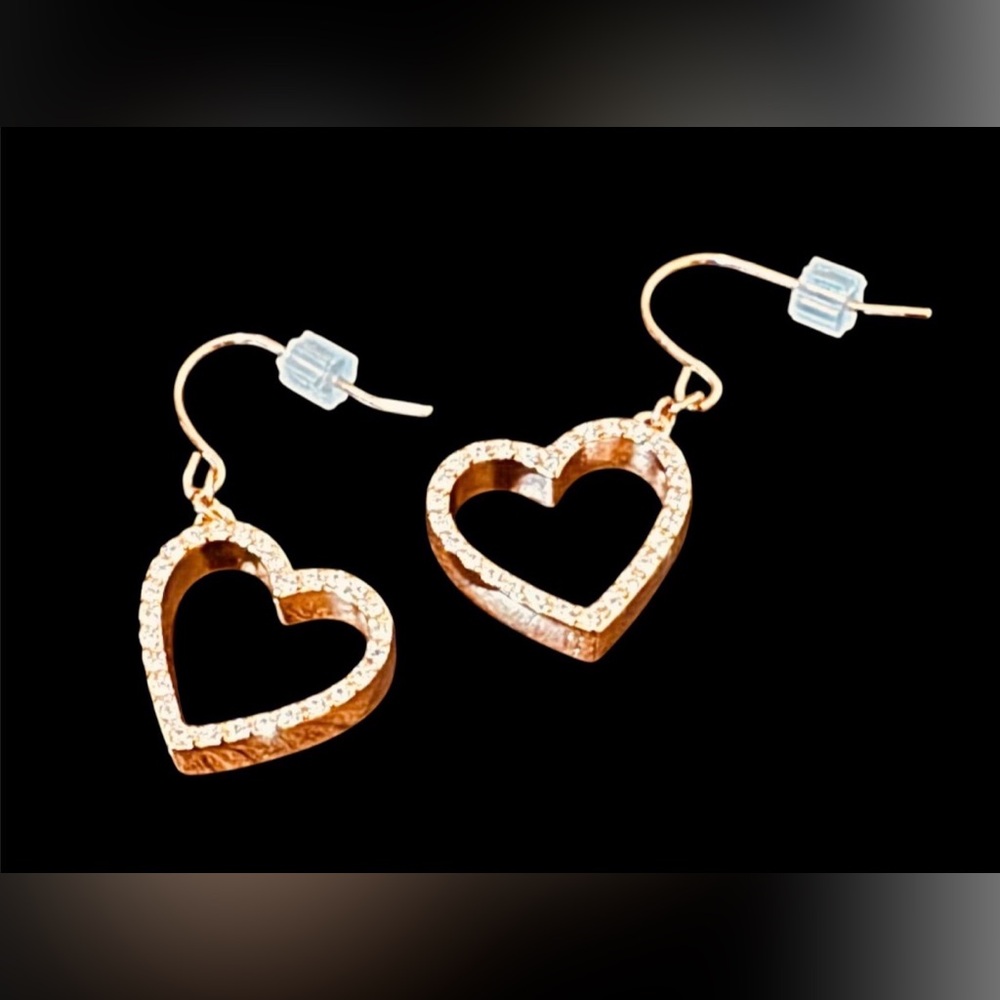 14K rose gold heart earrings cubic zirconia stones fish hook dangles